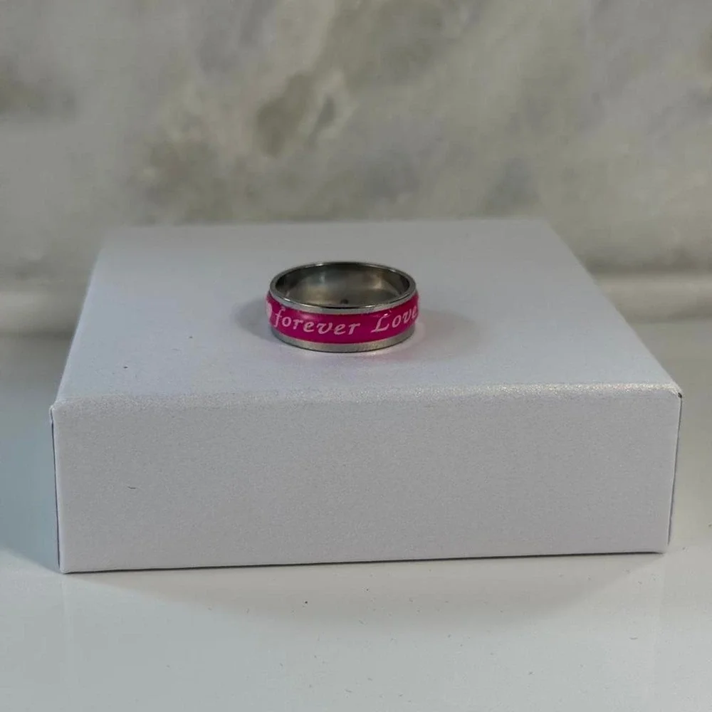 Pink Forever Love Ring Silver Band Enamel Inlay Mens Size 10 Y2K Accessory